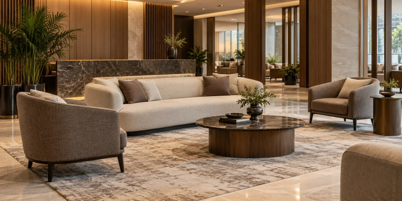 Lobby lounge with a curved cream sofa and upholstered armchairs