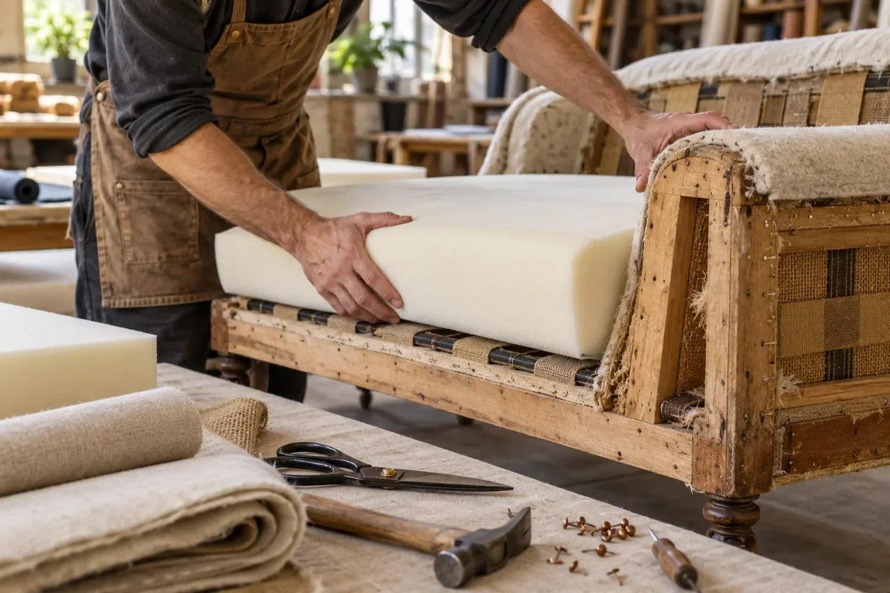 Upholstery craft work in a furniture workshop