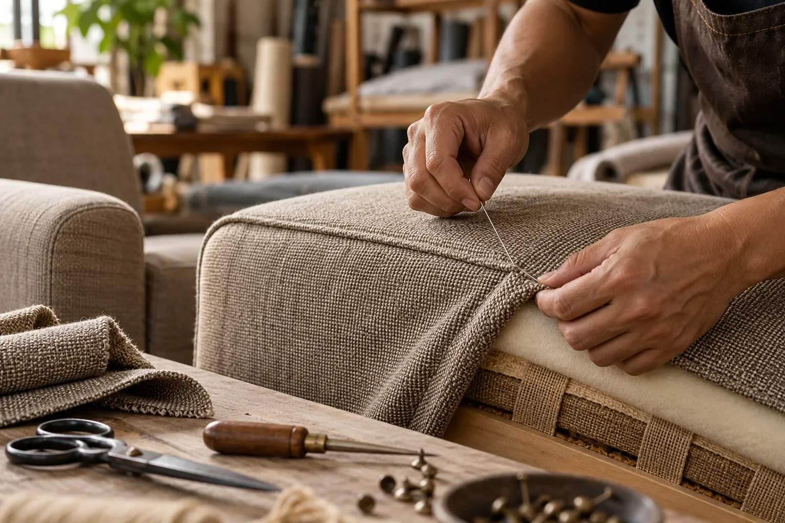Upholsterer hand-stitching a woven fabric cover onto a sofa seat in the workshop
